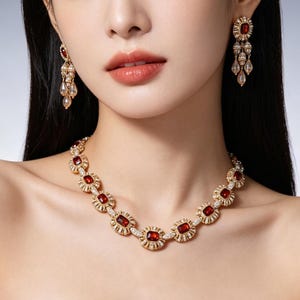 Può includere: Un set composto da collana e orecchini pendenti color oro con pietre preziose rosse rettangolari circondate da piccole pietre trasparenti. La collana è formata da maglie ripetute con pietre rosse centrali.