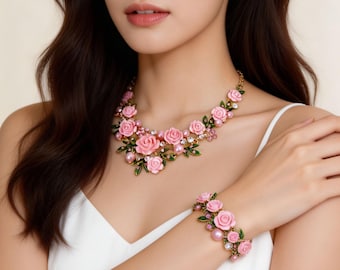Roze roos sieradenset, bloemen statement ketting armband cadeau