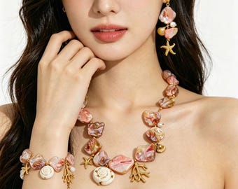 Strandschelp sieraden set roze schelp ketting zeester oorbellen armband