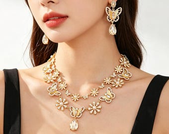 Vlinder bloemen ketting oorbellen set goud kristal bruiloft sieraden cadeau