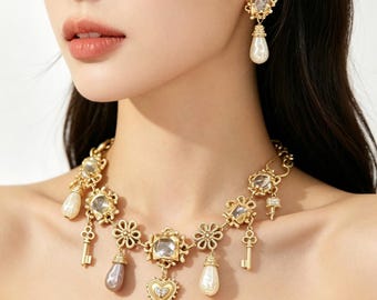 Vintage parel bedelketting set gouden bruidssieraden cadeau