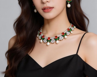 Rode kristallen parel sieraden set vintage bloemen bruids ketting oorbellen