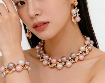 Parelsieradenset voor dames, elegante ketting, oorbellen, armband cadeau