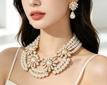 Vintage set parelketting, bloemen bruidssieraden, statement choker cadeau voor haar