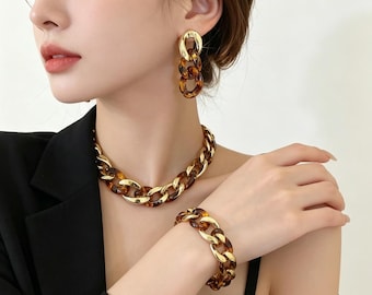 Gold Chunky Chain Jewelry Set Tortoiseshell Acrylic Statement Elegant Gift
