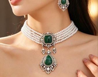 Smaragdgroene choker set vintage statement ketting groene drop oorbellen