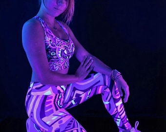 Leggings da yoga Blacklight “Fluores II”, arte UV al neon dipinta a mano, pantaloni per festival psytrance, outfit rave psichedelico, pezzo unico, ballerino