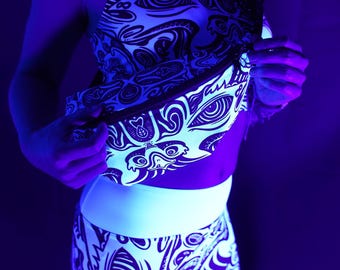 Riñonera tribal en blanco y negro, riñonera con estampado azteca, estampado de ojos simétrico, bolso de cadera para festivales, correa ajustable BANANA BASTARD
