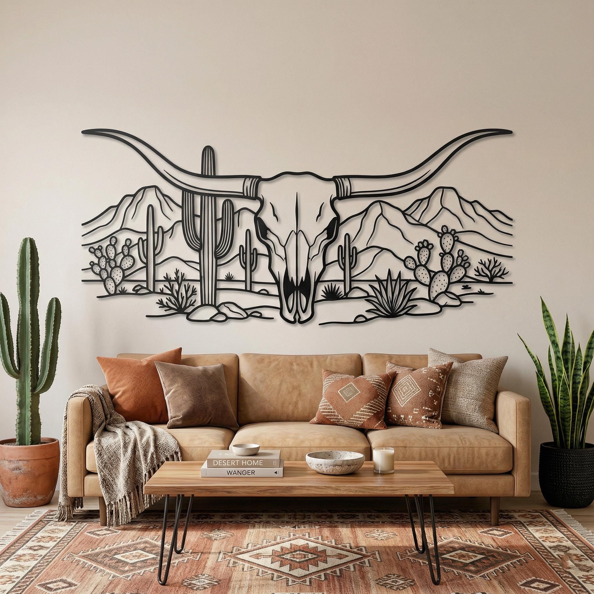 Longhorn Skull Wall Art, Metal Western Decor, Desert Cactus Landscape