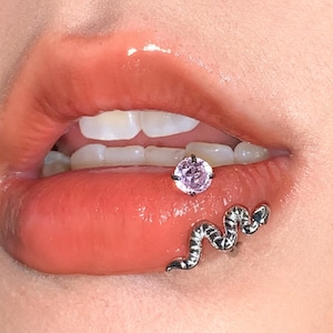 以下が含まれることがあります： 2つのジュエリーが付いた唇のクローズアップ。小さなピンク色の宝石が下唇にあり、その下に銀色のヘビ型のピースがあります。唇は光沢があり、自然なピンク色をしています。