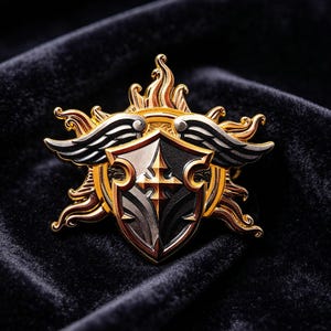 May include: A metallic enamel pin featuring a central shield with a cross emblem, flanked by two stylized wings. The shield is set against a golden sunburst design with flame-like rays extending outward, finished in polished gold and dark metal tones.