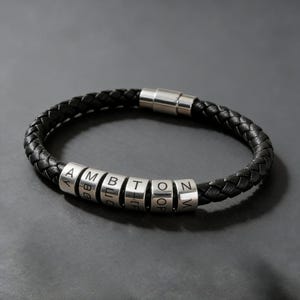 Personalized Leather Bracelet, Custom Engraved Beads Bracelet, Initial Bracelet, Leather Bracelet with Name, Anniversary Gift for Her