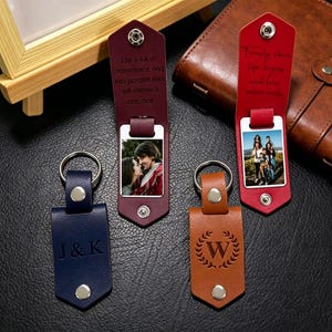 Personalized Leather Keychain with Photo, Custom Text Keychain, Metal Tag Photo Keychain, Handmade Key Chain, Anniversary Gifts for Him