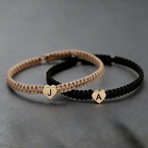 Personalized Engraved Initial Heart Bracelets For Couple, Custom Braided Leather Bracelet With Name, Adjustable Bracelets, Letter Bracelet