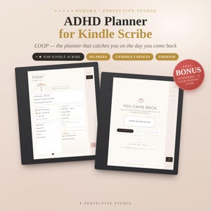 May include: Two digital tablets displaying an ADHD planner for Kindle Scribe. The screen shows daily task lists, energy layouts, and the text "YOU CAME BACK." A red circular badge indicates a free bonus of 60 stickers and 15 calm screens.