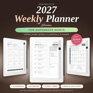 Supernote Manta Templates, 2027 Weekly Monthly Planner | Hyperlinked Supernote Planner, Nov 2026-Dec 2027, Left Hand, 40 Stickers