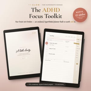 Könnte beinhalten: Das ADHD Focus Toolkit für Supernote Nomad, ein undatierter, verlinkter Planer mit 170 Seiten und 13 Abschnitten. Das digitale Display zeigt einen Tagesplan mit Aufgaben wie finish the deck und reply to Sam sowie einen Bonus-Sticker-Guide.
