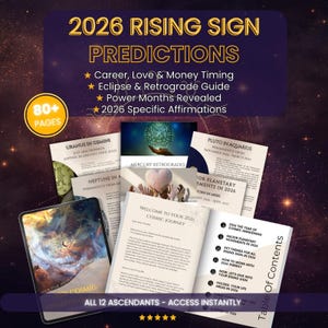 May include: A collection of printed pages and a tablet with the title "2026 Rising Sign Predictions". The pages include topics like career, love, money, and affirmations. The text "All 12 Ascendants - Access Instantly" is also visible.