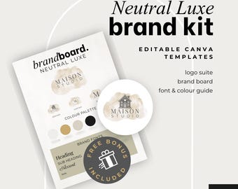 Kit di marca Neutral Luxe - Modelli Canva modificabili - Logo, pannello del marchio, tavolozza dei colori e guida ai caratteri per il marchio di piccole imprese - BONUS INCLUSO