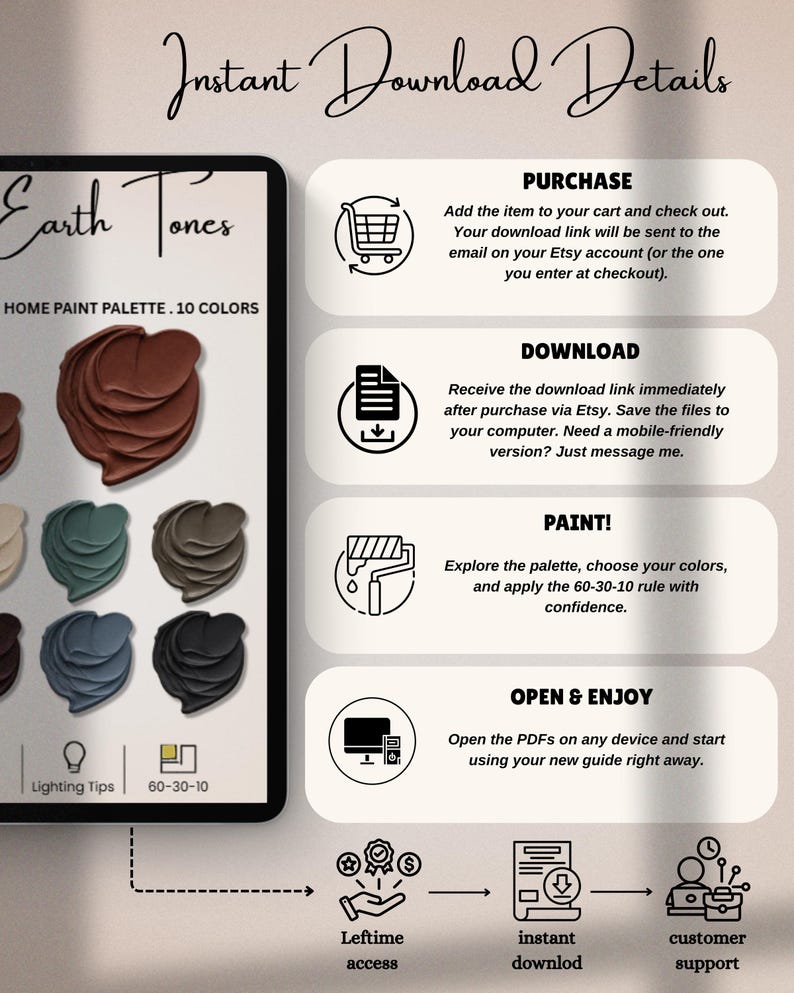 May include: Digital download details graphic with the text "Instant Download Details." The image showcases a home paint palette with ten earth tone colors. Instructions include purchase, download, paint, and open & enjoy, with lifetime access and customer support.