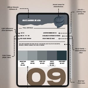 May include: A digital guide on a tablet displays paint color swatches. The guide includes color codes, light reflectance values, and a paint sample. The color family is blue, with shades like Grays Harbor and Dark Night.