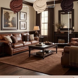May include: A living room with a Victorian-inspired color palette. The room features a warm neutral backdrop, rich brown furnishings, and deep accent details. The color scheme includes Accessible Beige, Vintage Leather, and Bitter Chocolate.