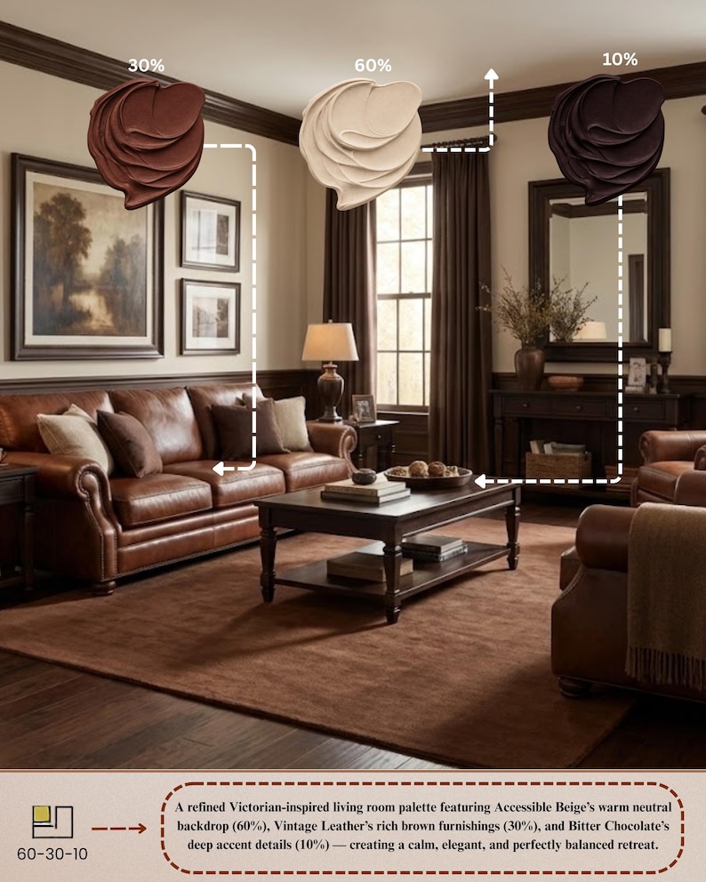 May include: A living room with a Victorian-inspired color palette. The room features a warm neutral backdrop, rich brown furnishings, and deep accent details. The color scheme includes Accessible Beige, Vintage Leather, and Bitter Chocolate.
