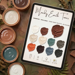 May include: An overhead shot features paint cans and a tablet displaying a Sherwin-Williams home paint palette. The tablet reads "Moody Earth Tones" and showcases 10 color swatches. The paint cans contain various earth-toned colors, including white, brown, and teal.