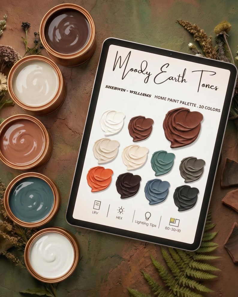 May include: An overhead shot features paint cans and a tablet displaying a Sherwin-Williams home paint palette. The tablet reads "Moody Earth Tones" and showcases 10 color swatches. The paint cans contain various earth-toned colors, including white, brown, and teal.