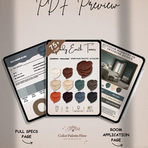 May include: A digital PDF preview featuring three tablet-like displays. The central display showcases a color palette with earthy tones from Sherwin-Williams. The other displays show full specs and room application pages. Text includes "PDF Preview" and "Color Palette Flow."