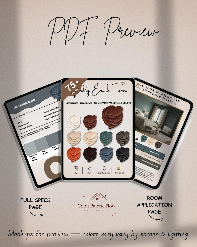 May include: A digital PDF preview featuring three tablet-like displays. The central display showcases a color palette with earthy tones from Sherwin-Williams. The other displays show full specs and room application pages. Text includes "PDF Preview" and "Color Palette Flow."
