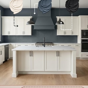 May include: A kitchen design concept featuring a color palette with Grays Harbor's deep blue-gray backdrop (60%), Alabaster's soft light cabinetry and island (30%), and Iron Ore's bold accent details (10%). The design creates a calm and elegant culinary space.