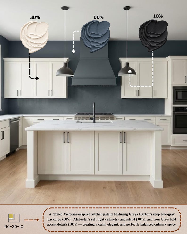 May include: A kitchen design concept featuring a color palette with Grays Harbor's deep blue-gray backdrop (60%), Alabaster's soft light cabinetry and island (30%), and Iron Ore's bold accent details (10%). The design creates a calm and elegant culinary space.