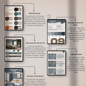 May include: A PDF document titled "PDF Sample - Sections Overview" showcasing interior design color palettes and room applications. Includes color swatches, room previews, and lighting examples. Features text and graphics.