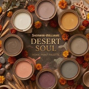 May include: An overhead shot of eight open paint cans displaying the "Desert Soul" home paint palette by Sherwin-Williams. The colour range includes off-white, brown, and purple hues. The cans are surrounded by flowers, wheat, and decorative items.