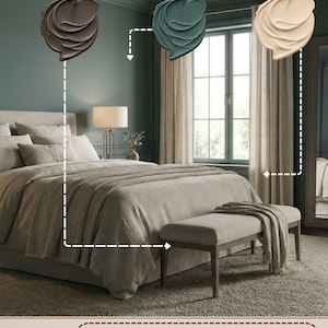 May include: A bedroom with a Victorian-inspired color palette. The walls and ceiling are deep blue-green, with soft neutral textiles and bronze accent details. The room includes a bed, bench, and window.