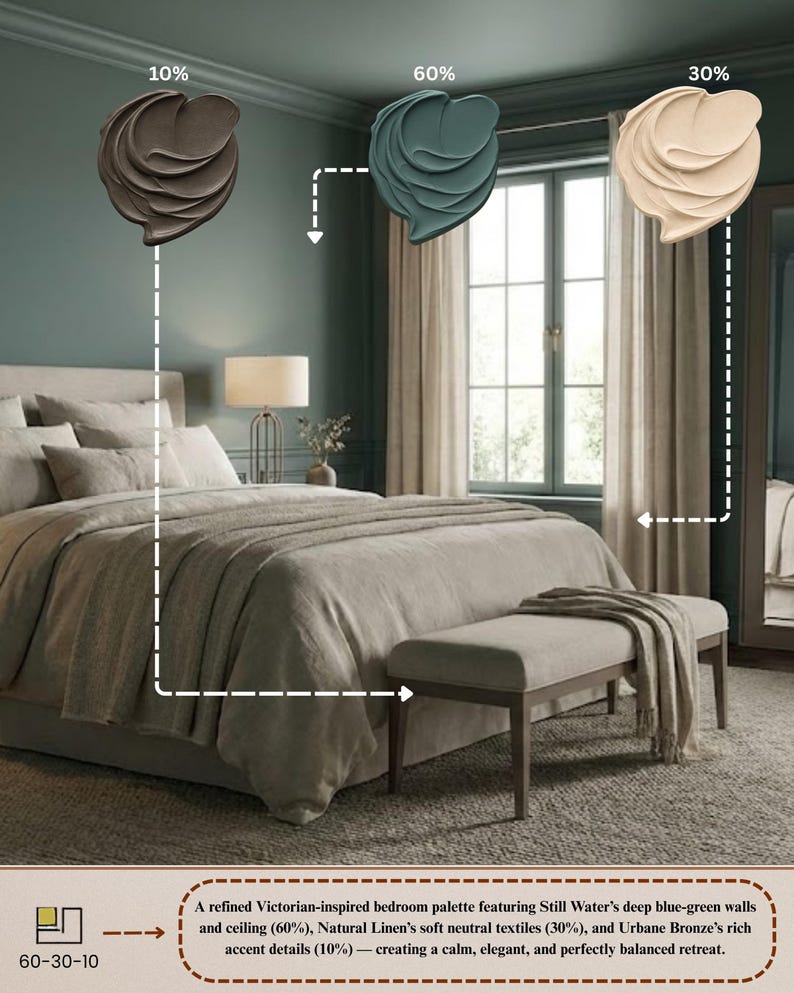 May include: A bedroom with a Victorian-inspired color palette. The walls and ceiling are deep blue-green, with soft neutral textiles and bronze accent details. The room includes a bed, bench, and window.