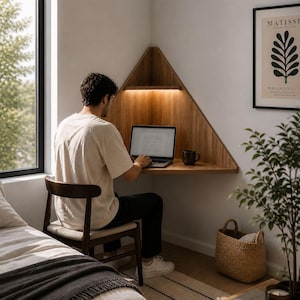 Floating Corner Desk with LED, Pyramid Wall Mounted Desk, Small Space Desk, Touch Dimmable Light Desk, Minimalist MDF Corner Workstation