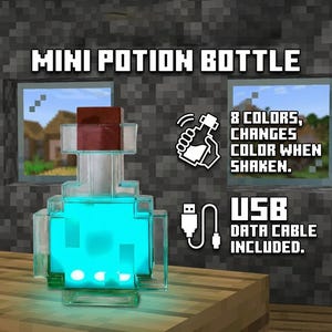 May include: A Minecraft-themed mini potion bottle with a glowing blue liquid. The bottle has a brown stopper and a clear, blocky design. The text on the image says "8 Colors, Changes Color When Shaken" and "USB Data Cable Included."