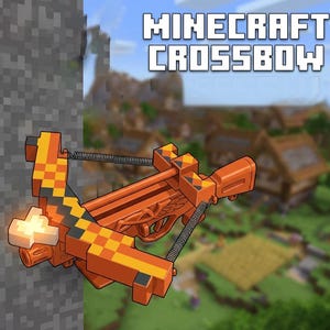 May include: An orange and yellow Minecraft crossbow with the text "Minecraft Crossbow" in white block letters. The crossbow features pixelated textures and a spring mechanism, set against a blurred village backdrop.
