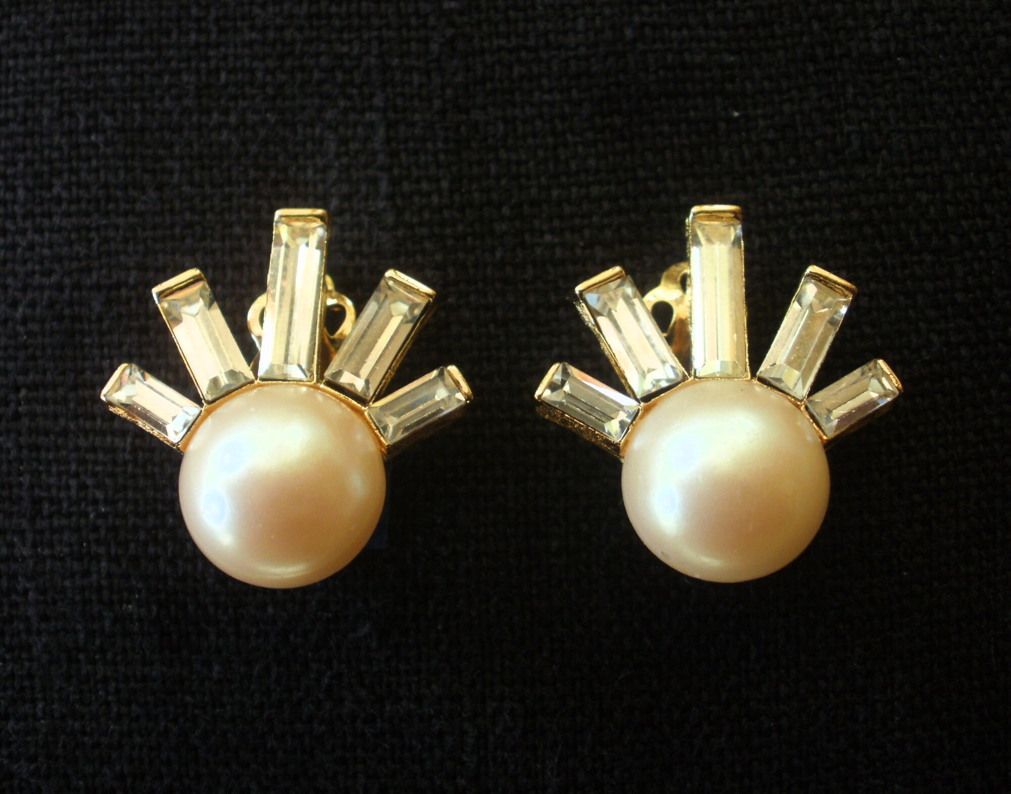Vintage GIVENCHY PEARL and RHINESTONE Baguette Clip Earrings Stunning!