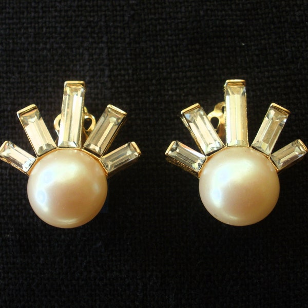 Vintage GIVENCHY PEARL and RHINESTONE Baguette Clip Earrings Stunning!