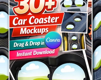 Plus de 30 maquettes de sous-bocks de voiture Canva | Maquettes de montagnes russes modifiables | Maquette de porte-gobelet | Ajoutez votre propre arrière-plan | Modèle de téléchargement numérique