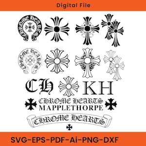 Może przedstawiać: Plik cyfrowy zawierający czarne wzory graficzne, w tym różne symbole krzyży, okrągłe logo z napisem CHROME HEARTS, litery CH i KH oraz tekst CHROME HEARTS MAPPLETHORPE. Na dole znajdują się oznaczenia formatów plików.