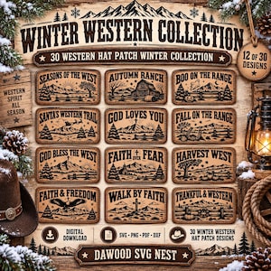 May include: A digital collection of 30 Western hat patch designs featuring rustic mountain, ranch, and seasonal themes. Each rectangular patch includes detailed line art illustrations and text such as Seasons of the West, Autumn Ranch, and Faith & Freedom.
