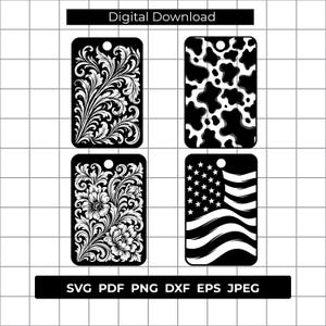 Puede incluir: Cuatro etiquetas digitales rectangulares con esquinas redondeadas y un agujero en la parte superior. Los diseños incluyen filigrana floral en blanco y negro, estampado de vaca, un arreglo floral detallado y una bandera estadounidense estilizada.