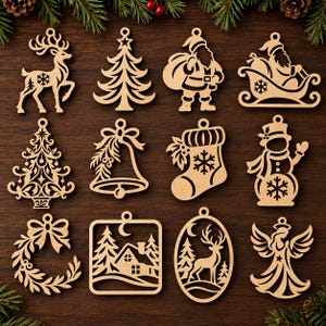 May include: A set of twelve light brown wooden Christmas ornaments featuring laser-cut designs including a reindeer, Christmas trees, Santa Claus, a sleigh, a bell, a stocking, a snowman, a wreath, a cabin, and an angel, each with a small hole.