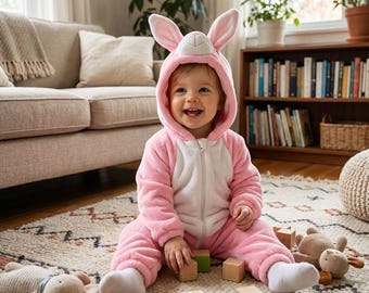 Rabbit Fleece baby Suit,Flannel Hooded Costume,Winter Onesie,Warm Pajamas,Cute Animal Romper,Cartoon Hooded Jumpsuit,Cozy Winter Baby Romper