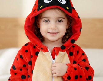 Traje de mariquita para bebé, mono de animal lindo, mono con capucha de dibujos animados, mono de invierno acogedor para bebé, disfraz de franela con capucha, mono de invierno, pijama cálido