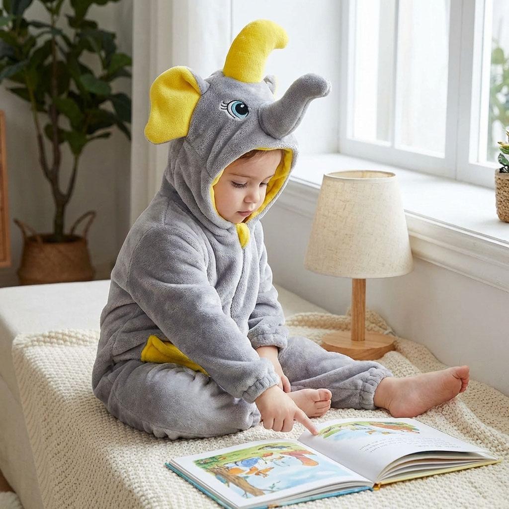Pocket Elephant Onesie,Cute Animal Romper,Cartoon Hooded Jumpsuit,Cozy Winter Baby Romper,Flannel Hooded Costume,Winter Onesie,Warm Pajamas